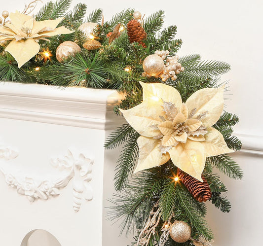 SHareconn 9FT Prelit Christmas Garland Decorations with Multi-Color LED Lights, Battery-Operated Timer, Lighted Garland with Ball Poinsettia for Mantle Table Fireplace Stairs Railing Indoor Decor