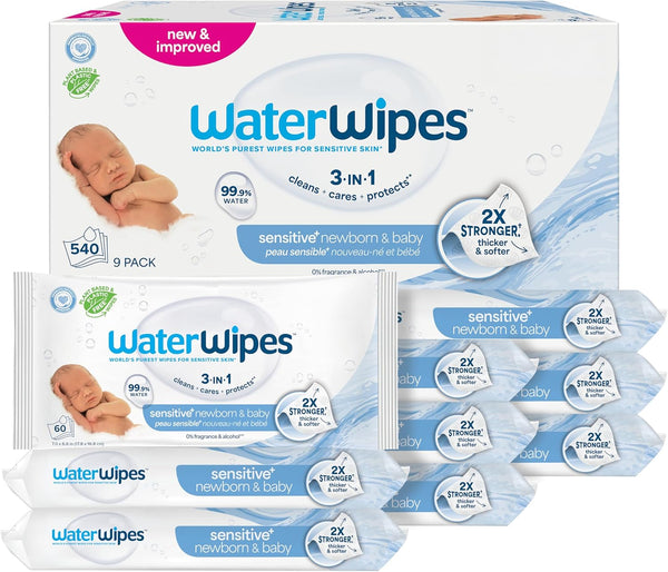 WaterWipes Sensitive+ Newborn & Baby Wipes, 3-in-1 cleans, cares, protects, 99.9% water, unscented & hypoallergenic, 60 count, 2x stronger, thicker & softer