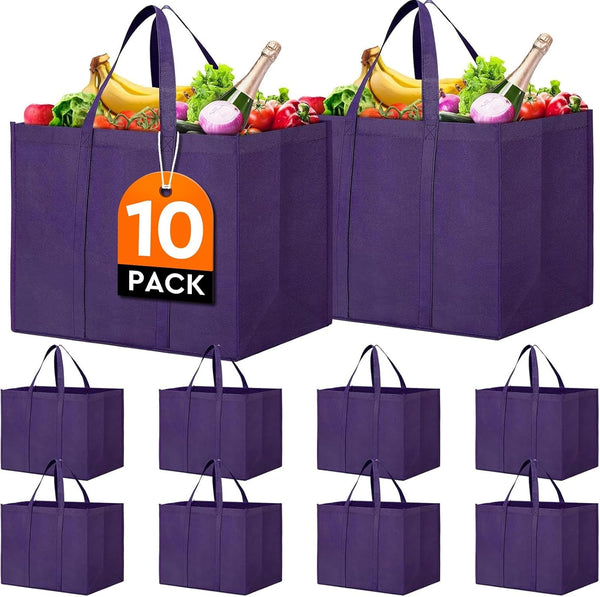 WISELIFE Reusable Grocery Shopping Bags 10 Pack Large Foldable Tote Bags Bulk, Eco Produce Bags with Long Handle for Shopping Groceries Clothes (Grey&Black)