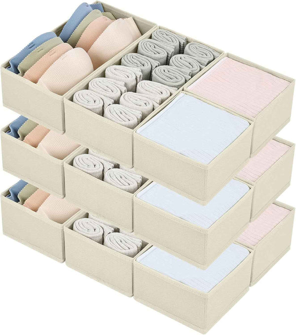 DIMJ Drawer Organizers Clothes, Set of 4 Dresser Organizer Bins, Fabric Closet Organizers and Storage, Shallow Drawer Dividers for Nursery, Clothing, Baby Clothes, Socks, Underwears, Tie (Beige)