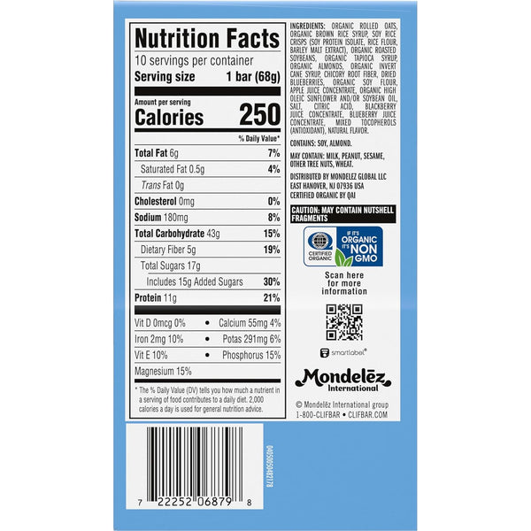 CLIF BAR Energy Protein Bars Blueberry Almond Crisp 10 pack Non-GMO Energy Bars with Organic Oats