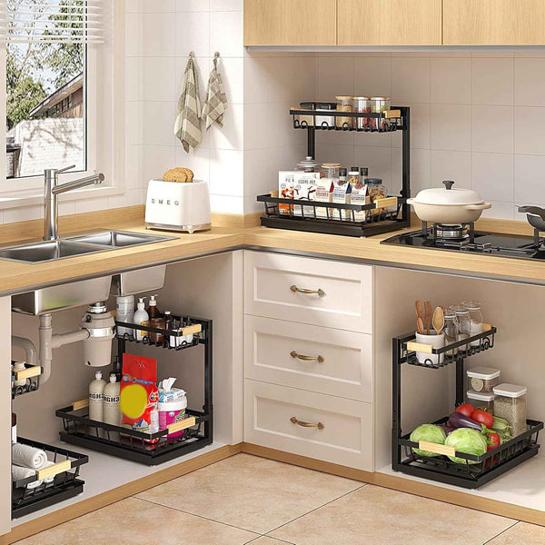 2 Packs Under Sink Organizer, 2026 Upgrade Height Adjustable 2 Tier Under Kitchen Sink Organizer, Multi-Purpose Storage Shelf for Kitchen Bathroom Cabinet (Black)