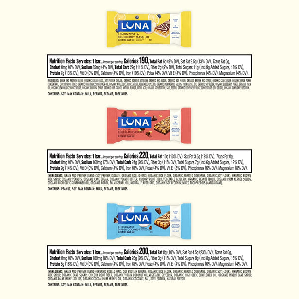 LUNA Bar Variety Pack 12 Count Gluten Free Non GMO Protein Bars