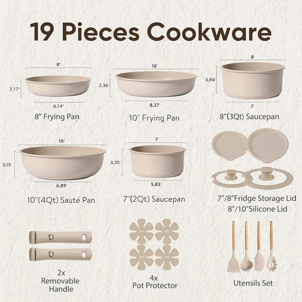 19-piece non-stick cookware set with detachable handles