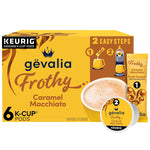 Gevalia Frothy Artificially Flavored Caramel Macchiato Espresso Style K-Cup Coffee Pods & Froth Packets Kit