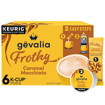 Gevalia Frothy Artificially Flavored Caramel Macchiato Espresso Style K-Cup Coffee Pods & Froth Packets Kit