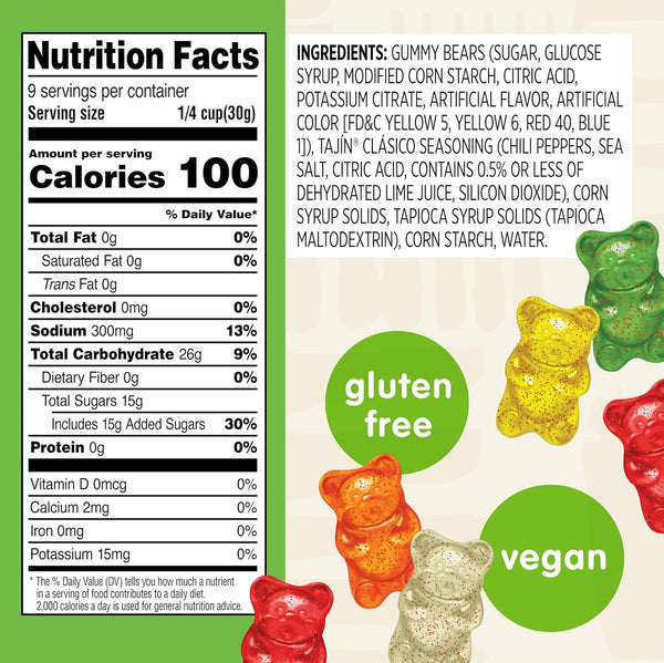 Snak Club Tajin Gummy Bears Assorted Fruit Candy Gummies 9 oz Resealable Bag