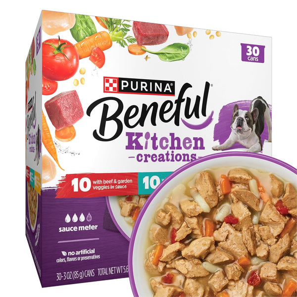 Purina Beneful kitchen creations 30-pack wet dog food variety pack beef chicken lamb 3 oz cans