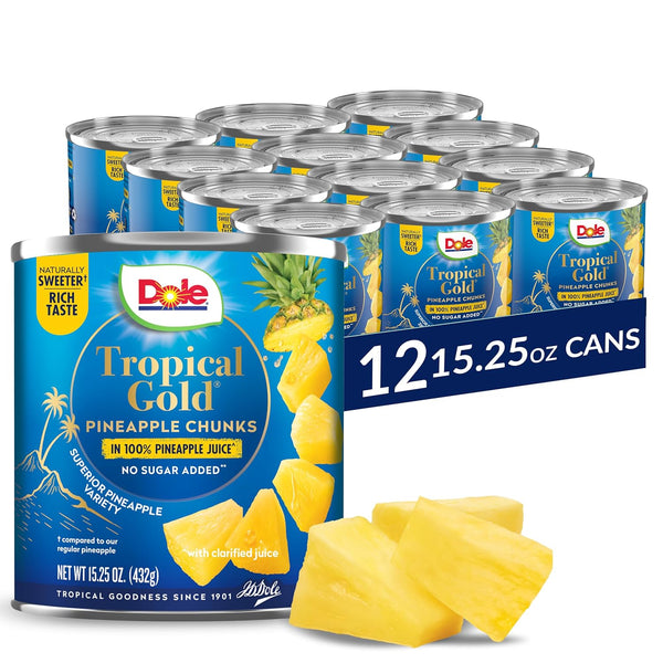 Dole Tropical Gold Pineapple Chunks in 100% Pineapple Juice, Gluten Free, 15.25 Oz, 12 Count