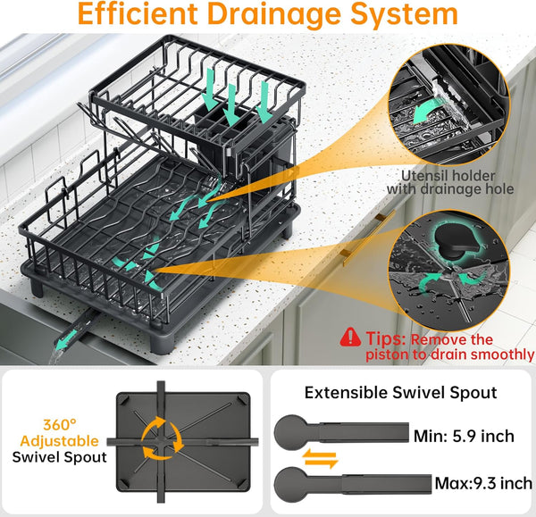 Compact 2 Tier Dish Drying Rack for Kitchen Counter