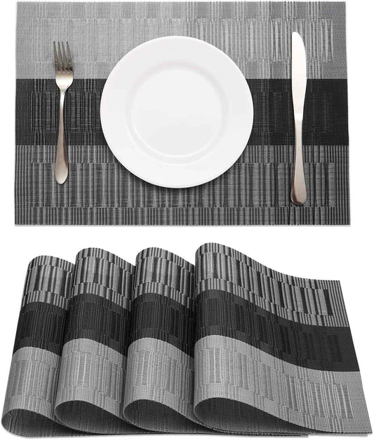 HeloHo Black Placemats Set of 4 Heat-Resistant Washable Place Mats Non-Slip Vinyl Woven Table Mats Wipeable Placemat for Kitchen Dining Table Decoration Indoor Outdoor
