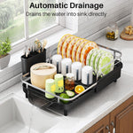 Expandable Dish Rack for Kitchen Counter with Utensil Holder and Raised Guardrail