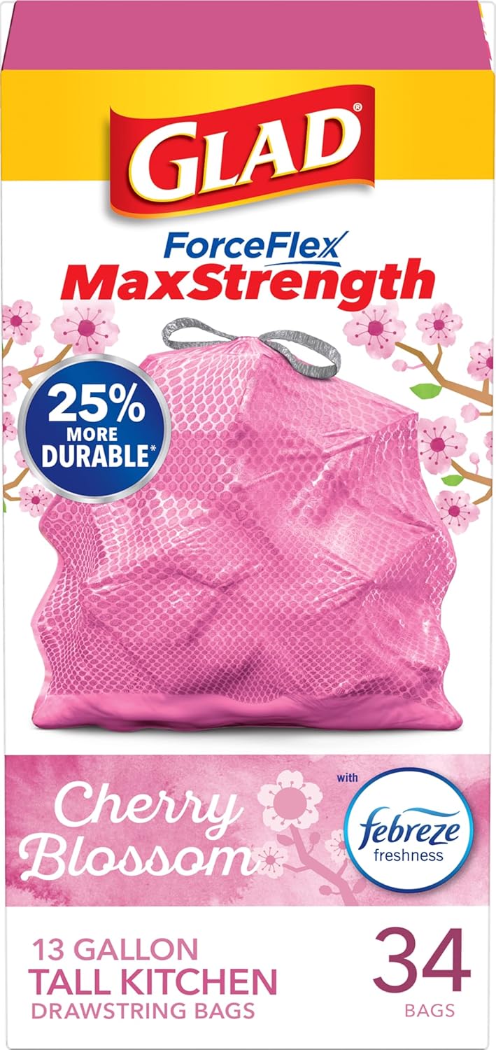 Glad Tall Kitchen Trash Bags 13 Gallon, MaxStrength Cherry Blossom Garbage Bags, Drawstring, 90 Count