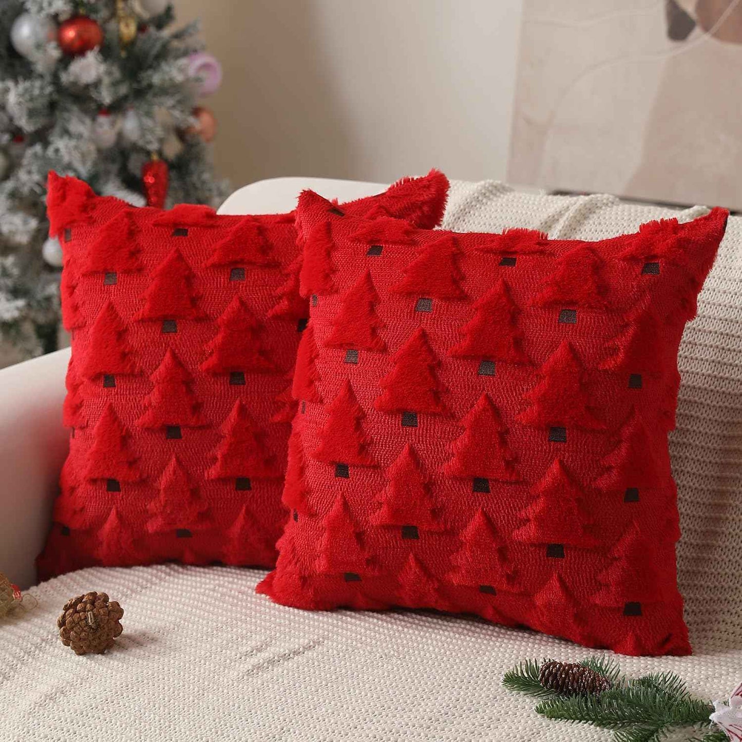 Christmas Pillow Covers 18x18 inch, Set of 2 Soft Plush Faux Fur Wool Throw Pillow Cases with Beige Christmas Tree Design