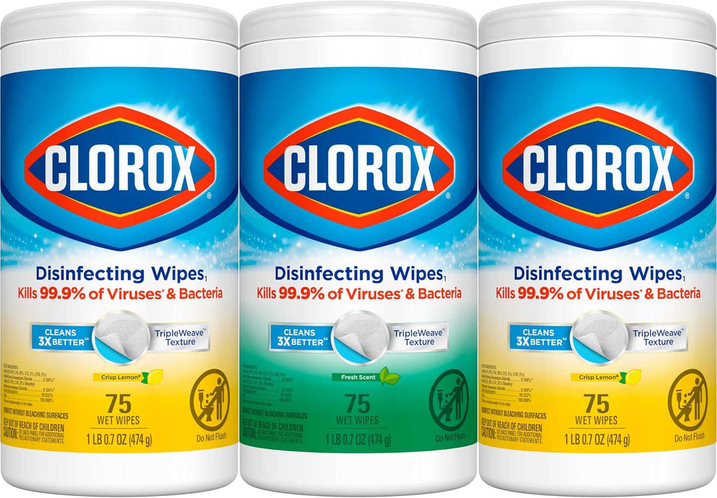 Clorox Disinfecting Wipes, 75 Count, Pack of 3