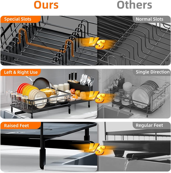 Adjustable dish drying rack for kitchen countertops, multifunctional with utensil and cup holder