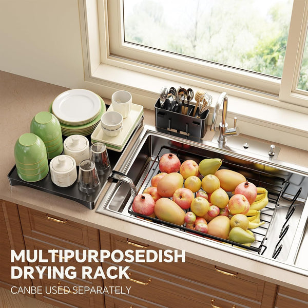 Stainless Steel Dish Rack with Cutlery Holder and Cup Holders for Kitchen Counter