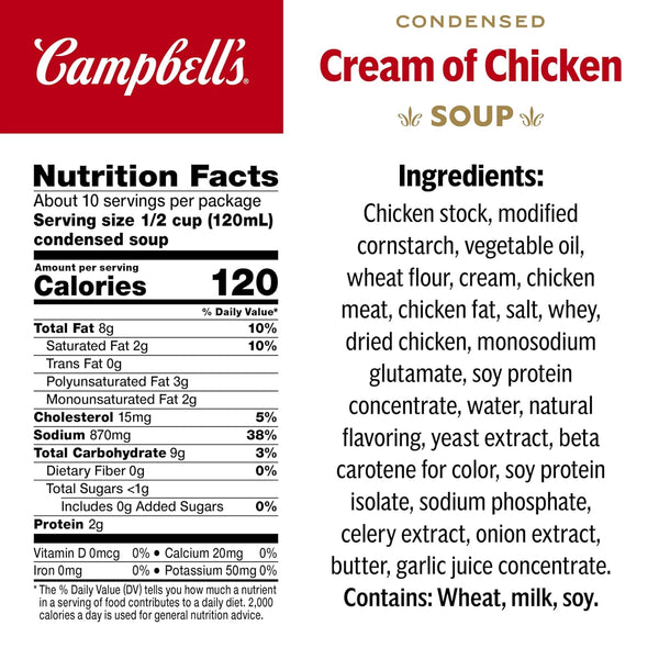 Campbell's Condensed Cream of Chicken Soup 4 Pack, 10.5 oz Cans, Farm-Fresh Cream and Antibiotic-Free Chicken