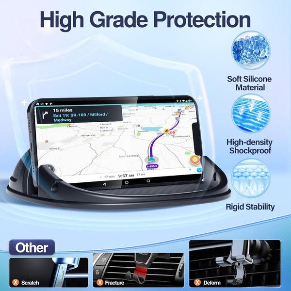 Car Phone Holder, Car Phone Mount Silicone Car Pad Mat for Various Dashboards, Slip Free Desk Phone Stand Compatible with iPhone, Samsung, Android Smartphones, GPS Devices and More, Black