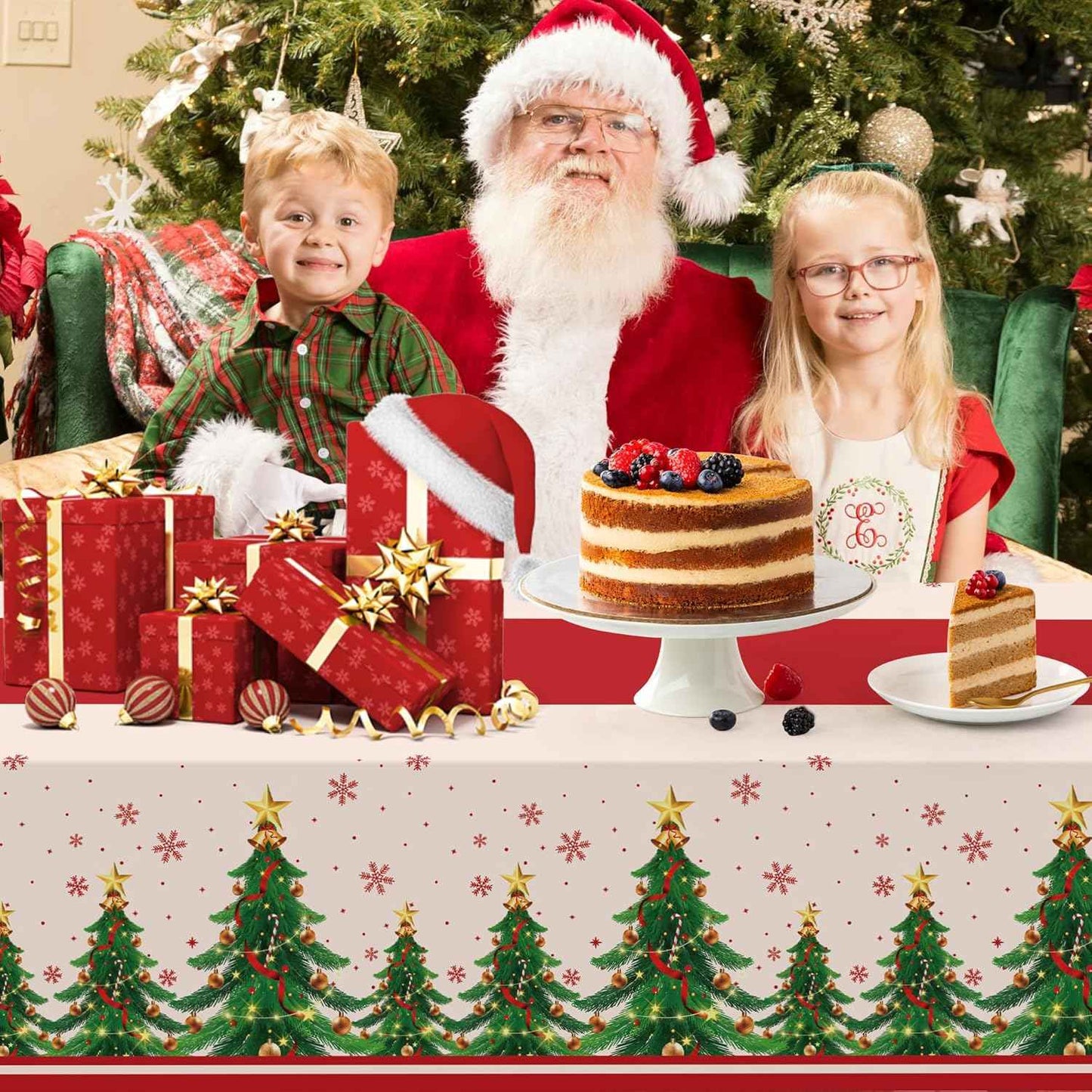 Childom 2 Pack Christmas Tablecloths,Christmas Party Decoration,54 x 108 Inch,Disposable Plastic Table Cloths Rectangular for Party Supplies,Xmas Tree Table Cover for Home,Dinner,Indoor,Outdoor,Picnic