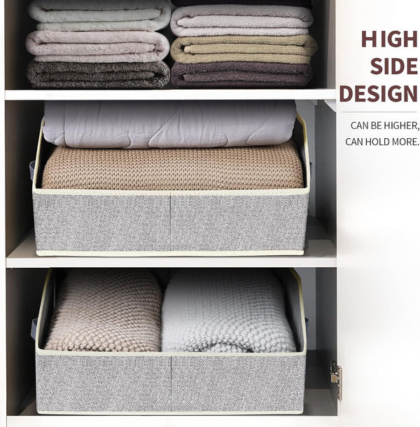 Large closet shelf organizer with fabric storage bins and handles