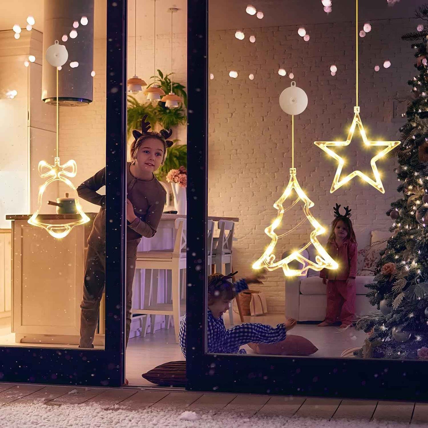 3Pack Christmas Window Lights Decorations with Timer, Battery Powered Hanging Warm White Lighted Tree Bell Star Shaped LED Sucker for Xmas Tree Fireplace Indoor Decor