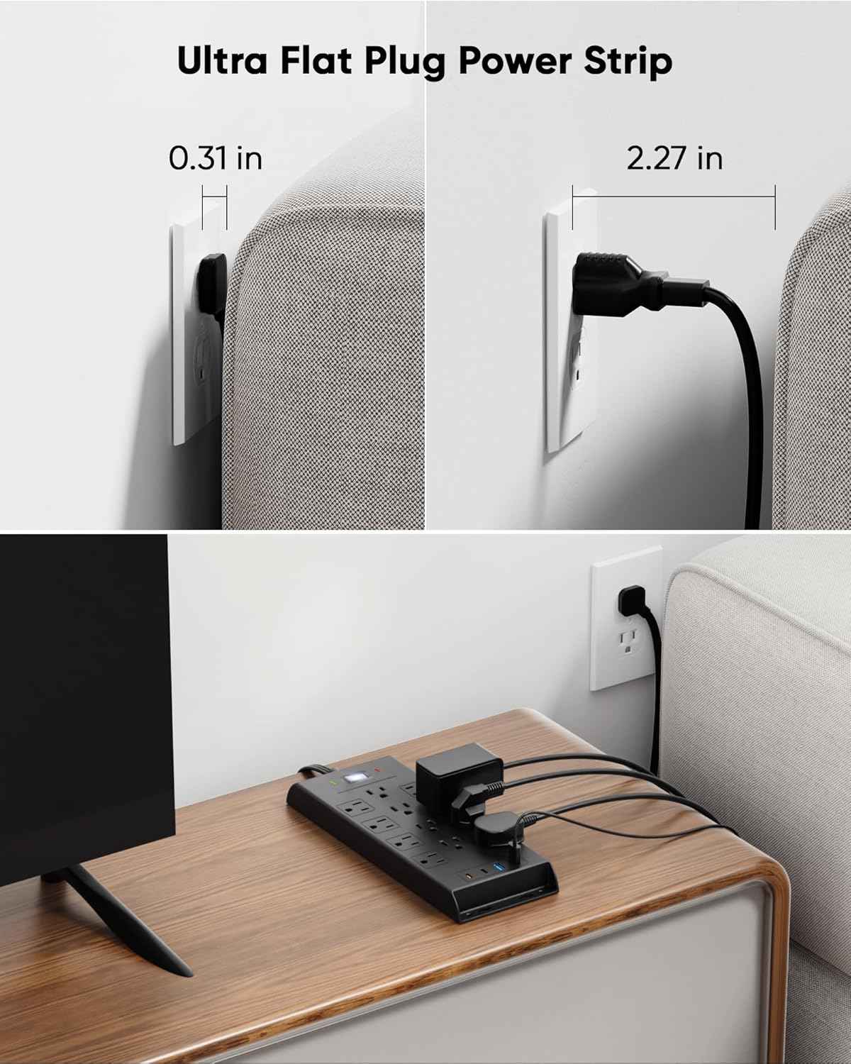 Surge Protector Power Strip 4800J, LeZone 10Ft Long Extension Cord Flat Plug, 12 Outlets 2 USB C 2 USB Ports, Wall Mountable, 20W Desk Charging Station, Black