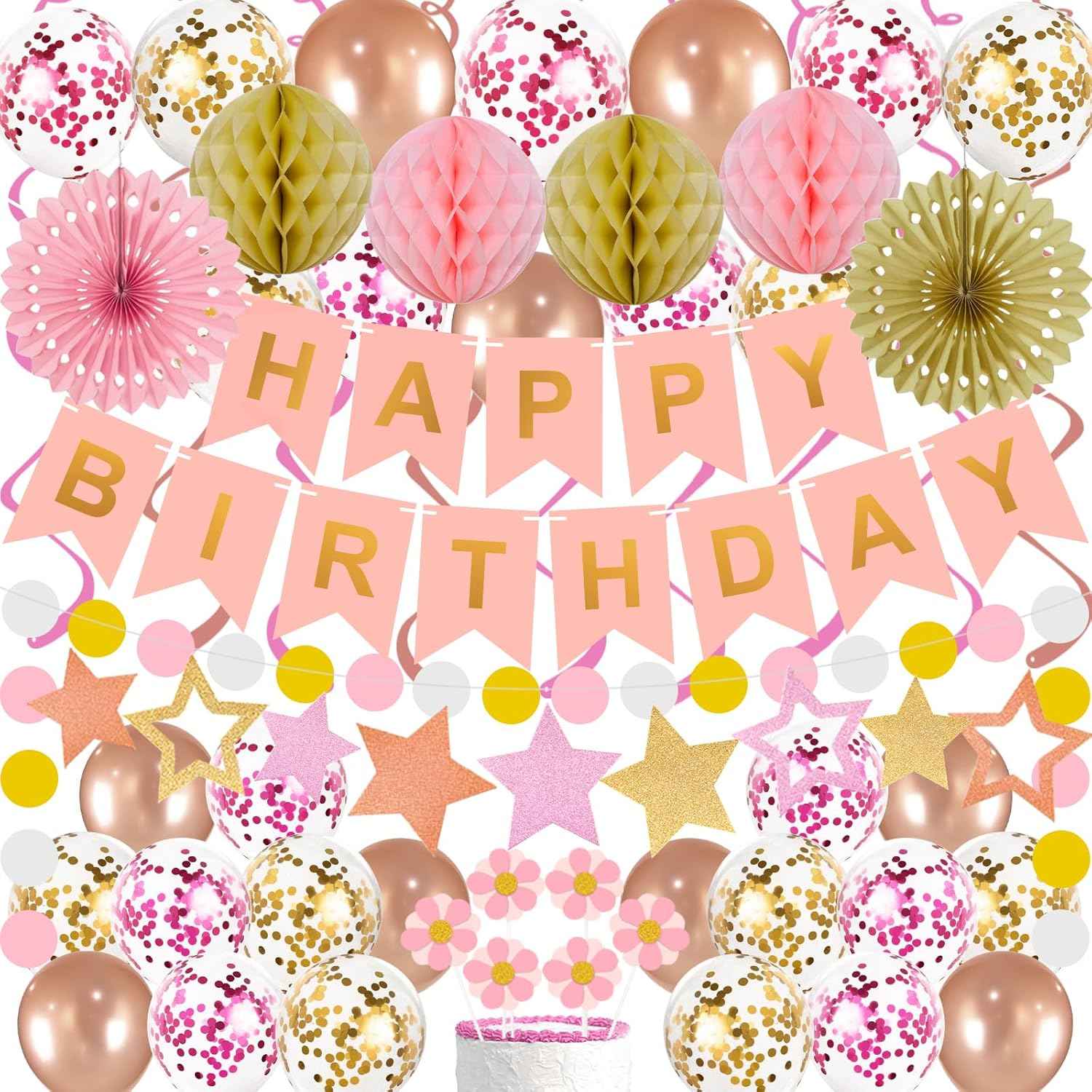 65Pcs Birthday Decorations Happy Birthday Banner Pink Rose Gold Balloons Honeycomb Ball Paper Fans Dots Garland Hanging Swirls Birthday Party Decor for Girls Women Princess