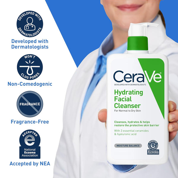 ceraVe Hydrating Facial Cleanser, Moisturizing Face Wash For Dry Skin, Hyaluronic Acid + Ceramides + Glycerin, Gentle, Non-Stripping, National Eczema Association Certified