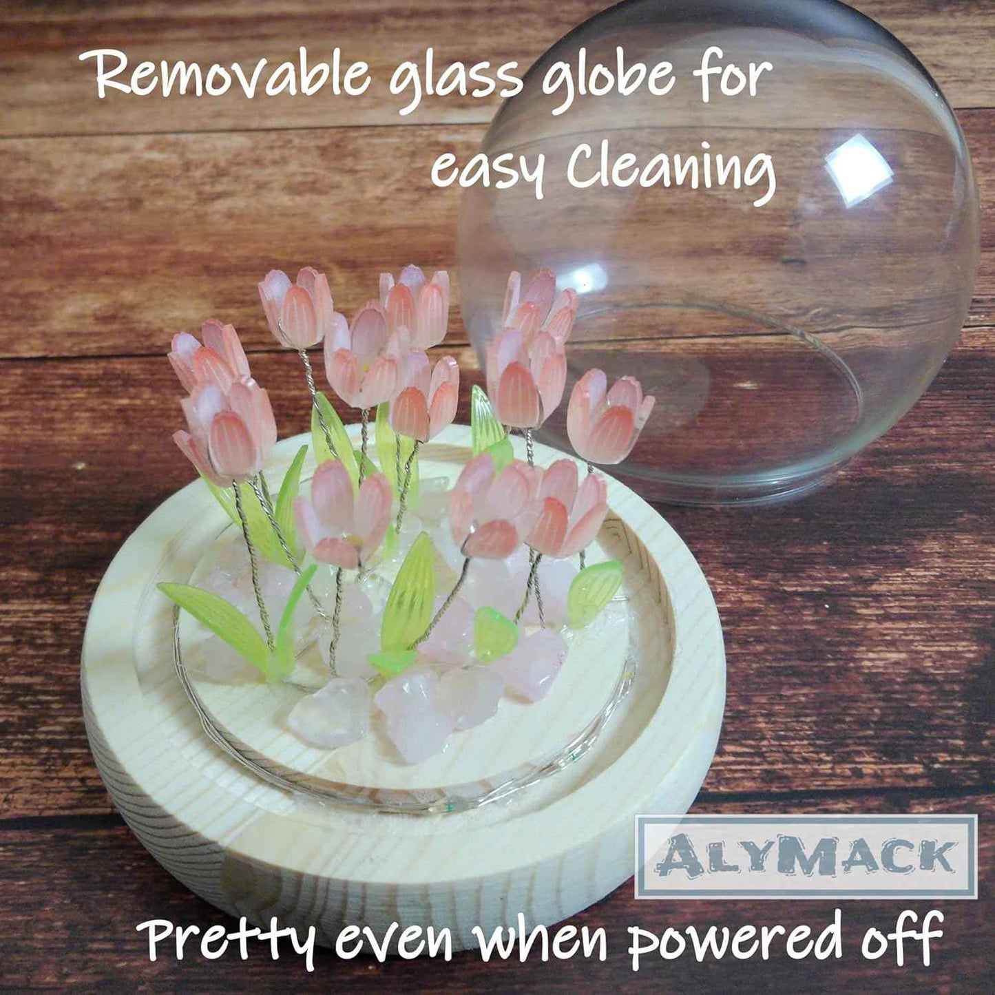 Tulip Lamp Glass Globe - Illuminated Flower Lamp with Glowing Blooms on Wooden Base - Battery-Powered Decorative Night Light for Bedroom, Living Room & Home Decor | Tulip and Rose Infinity Mirror, Gift for Women or Girl, Fully Assembled, in a Glass, Cuten