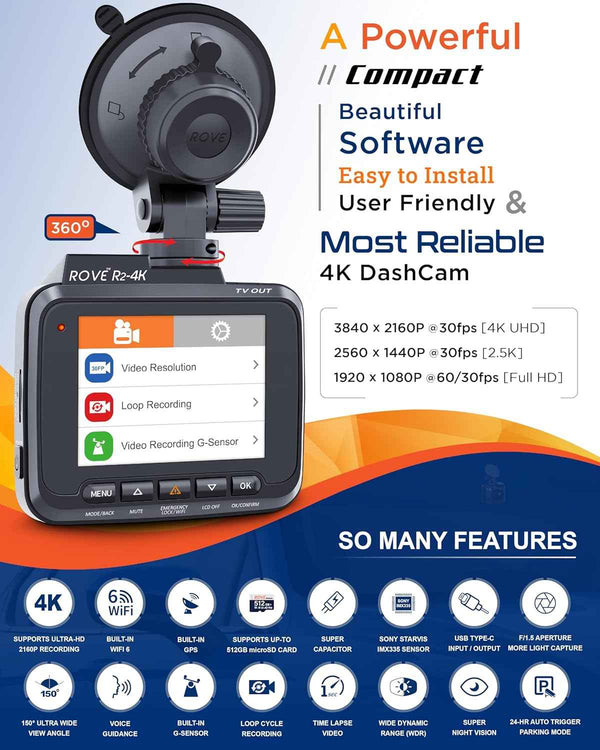 rove r2-4k 2160p dash cam with wifi 6 gps and 2.4 inch ips screen