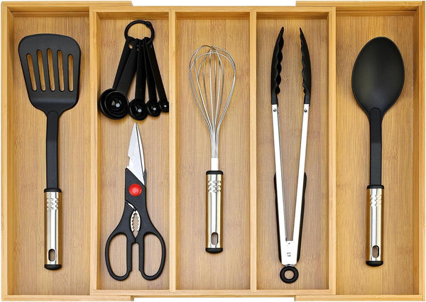 Bamboo Silverware Drawer Organizer Tray for Kitchen Utensils and Tools