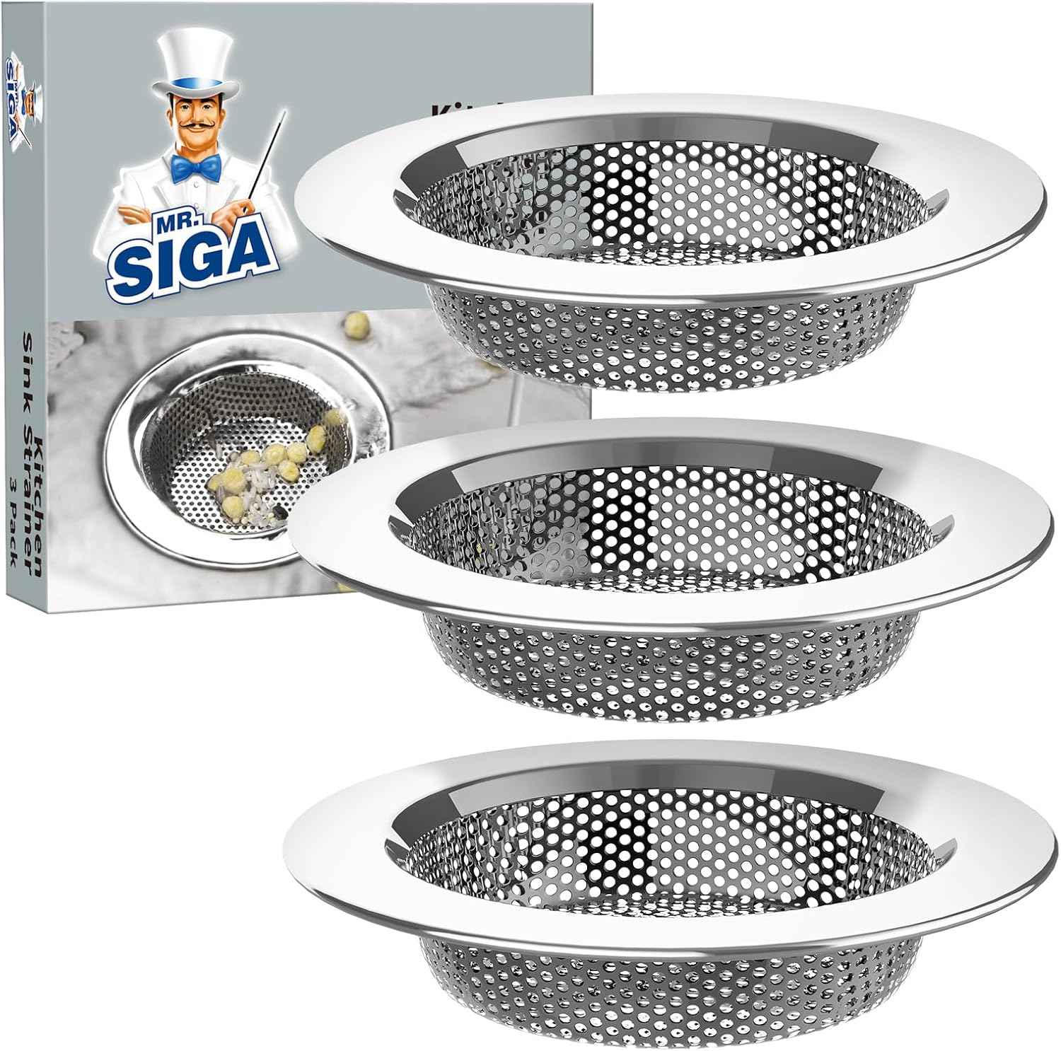 MR.SIGA Kitchen Sink Strainer, Stainless Steel Sink Drain Strainer, Dishwasher Safe, Outer Diameter 4.4 inch/11.2cm, Inner Diameter 3 inch/7.6cm, Pack of 3