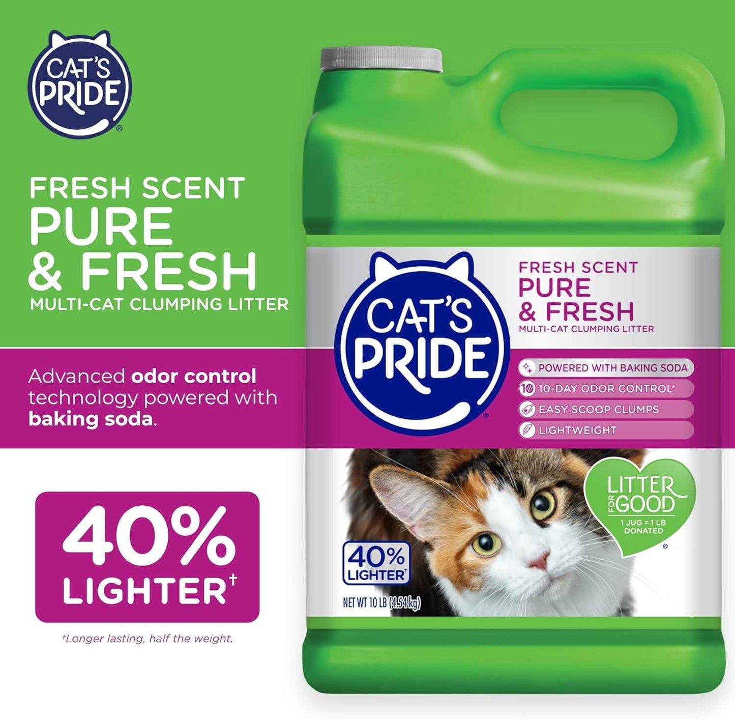 Cat's Pride Premium Lightweight Clumping Litter: Pure & Fresh - Up to 10 Days of Powerful Odor Control - Multi-Cat, Scented, 10 Pounds