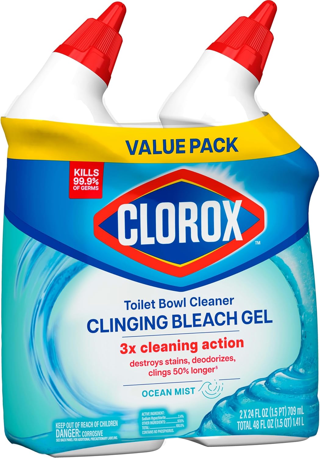 CLOROX Toilet Bowl Cleaner Clinging Bleach Gel, Ocean Mist, 24 Fl Oz, Pack of 2 (Package May Vary) - Rayz Mart