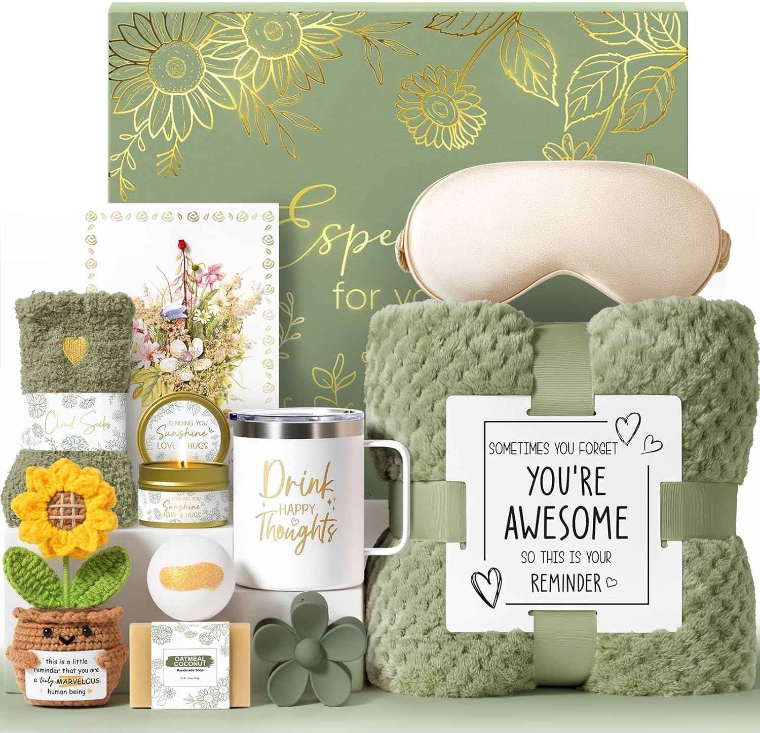 Birthday Gifts for Women Self Care Get Well Soon Gift Baskets, Spa Care Package Thinking of You Gift Set, Sympathy Inspirational Sunflower Valentines Day Gifts for Her Women Mom Friends Sister Wife