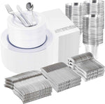 Wellife 700-Piece Silver Plastic Dinnerware Set for 100 Guests, Elegant White and Silver Design