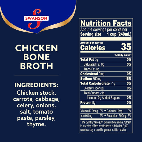 Swanson S Chicken Bone Broth, 32 oz Carton, 100% Natural, Non-GMO, 8g Protein Per Cup