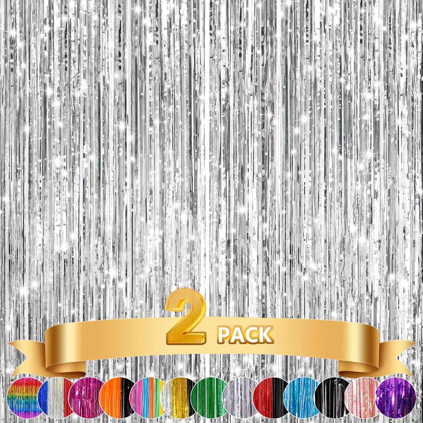 GCB 2Pack Black Metallic Tinsel Foil Fringe Curtains, Black Foil Curtain Backdrop, Photo Booth Props for Birthday Wedding Baby Shower Bachelorette Xmas Celebration Party Decorations Door Streamers