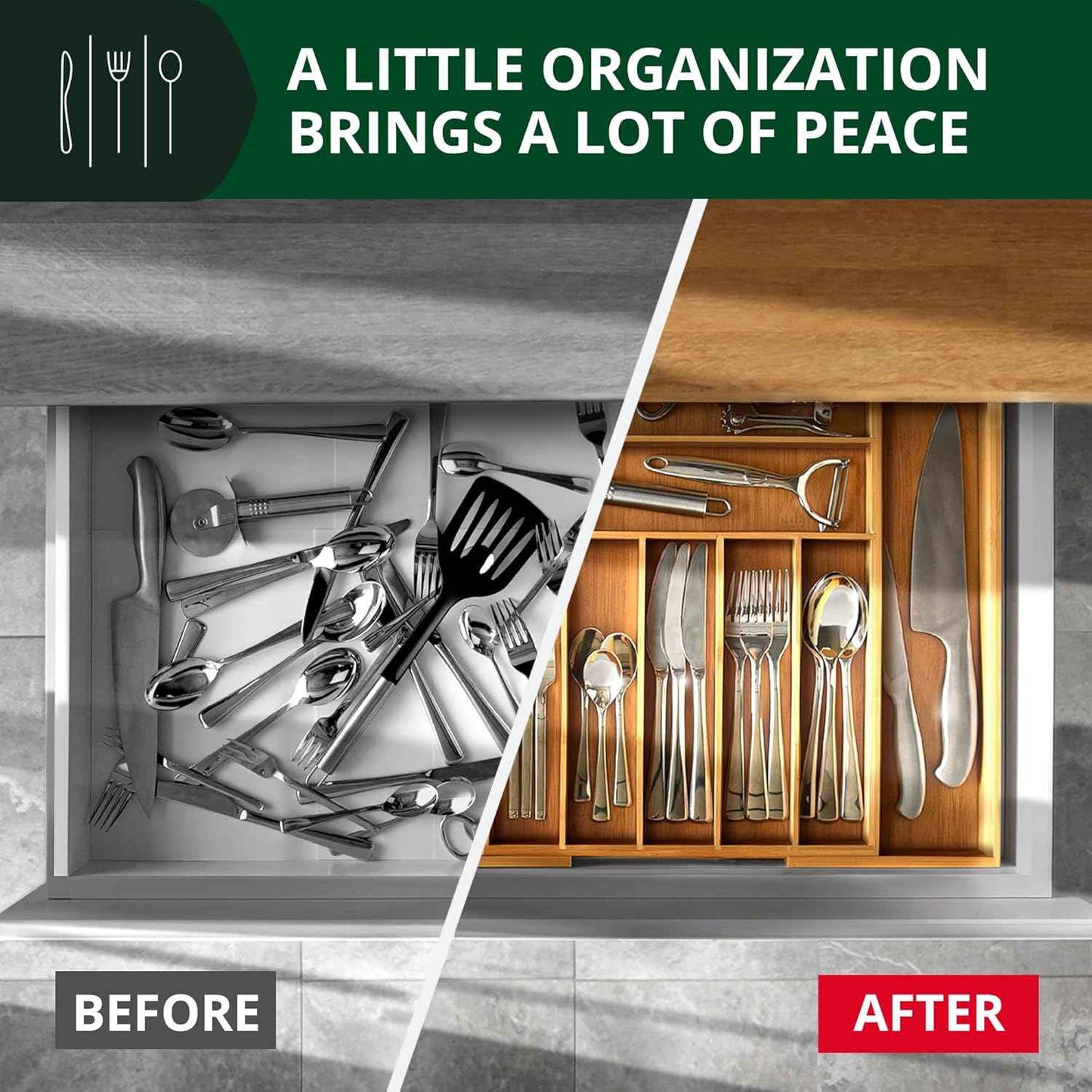 Royal Craft Wood Luxury Bamboo Kitchen Drawer Organizer - 9 Slot Silverware Organizer for Flatware, Utensil Holder & Cutlery Tray Drawer Dividers in Natural