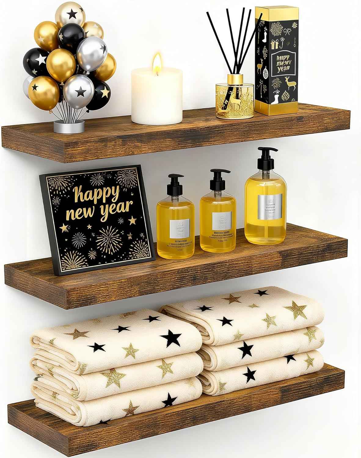 BAYKA Floating Shelves for Wall, Wall Mounted Rustic Wood Shelves for Bathroom, Bedroom, Living Room, Kitchen, Hanging Shelf for Books/Storage/Room Decor with 22lbs Capacity (Black, Set of 3, 15.7in)