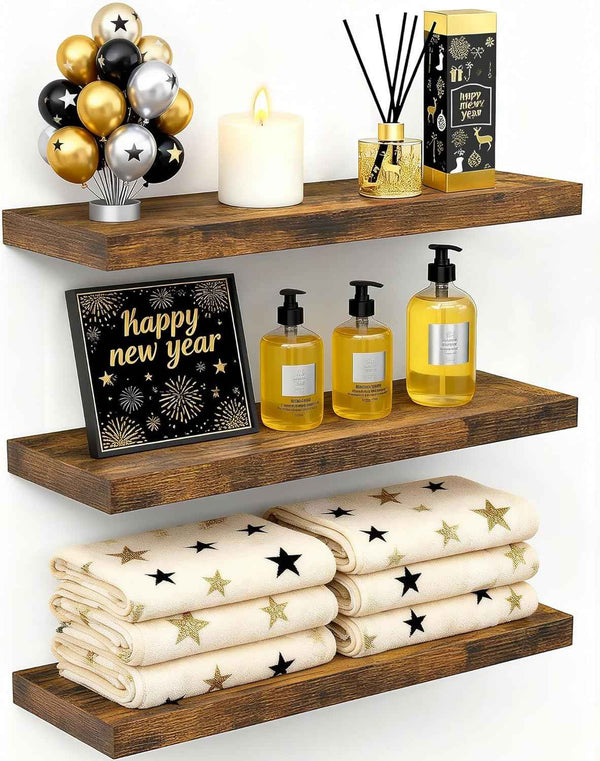 BAYKA Floating Shelves for Wall, Wall Mounted Rustic Wood Shelves for Bathroom, Bedroom, Living Room, Kitchen, Hanging Shelf for Books/Storage/Room Decor with 22lbs Capacity (Black, Set of 3, 15.7in)