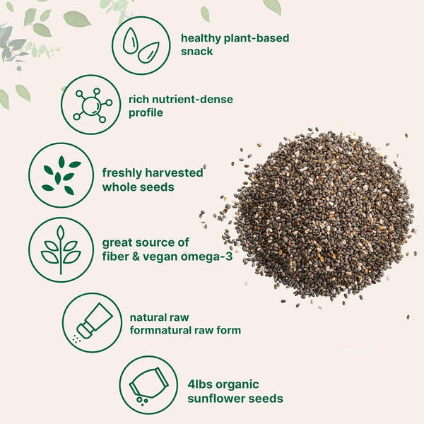 Organic Chia Seeds, 4lbs | Raw Chia Seed Source | Rich in Essential Fiber, Vegan Omega-3, & Plant Based Protein | Great for Baking, Smoothies, Pudding, & Oatmeal | Non-GMO, Gluten Free