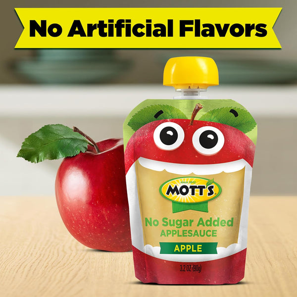 Mott's No Sugar Added Applesauce, Made from Real Fruit, No Artificial Flavors, 3.2 Oz Clear Pouches, 20 Pack