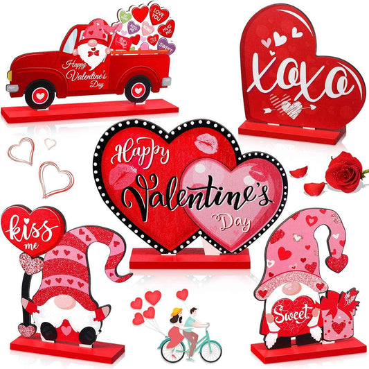 Capoda 5 Pieces Valentine's Day Wooden Table Sign Decoration Freestanding Table Centerpiece Sign Romantic Truck Heart Shape Home Decor Tiered Tray Gnome Valentines Day Accessories(Red)