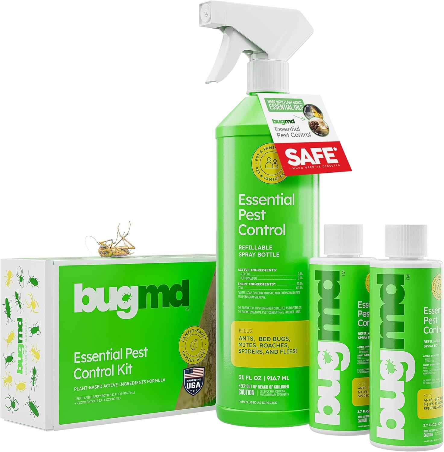 BugMD Ant Killer & Bug Spray - Roach and Cockroach Killer Indoor, Spider Spray for Home, Fly and Insect Defense, Natural, Safe with Essential Oils, Plant-Powered, Pest Control - Starter Kit
