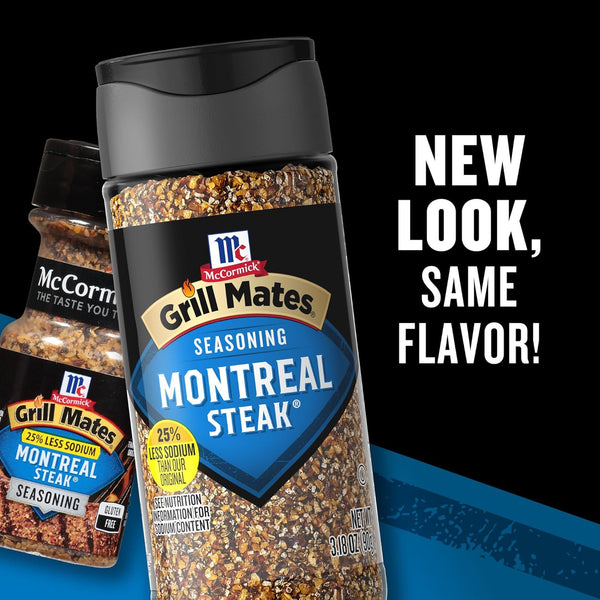McCormick Grill Mates 25% Less Sodium Montreal Steak Seasoning, 3.18 oz, Coarsely Ground Pepper and Garlic Blend