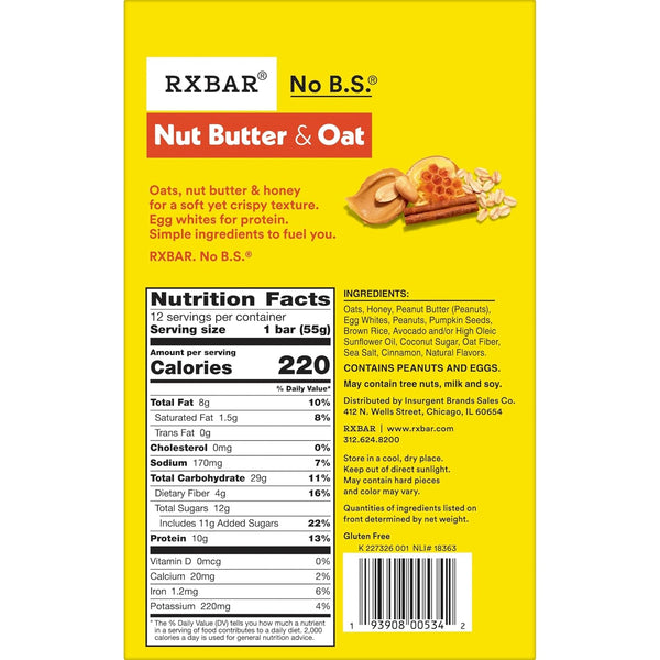 RXBAR Nut Butter and Oat Protein Bars, 12 Count, 23.2oz Box