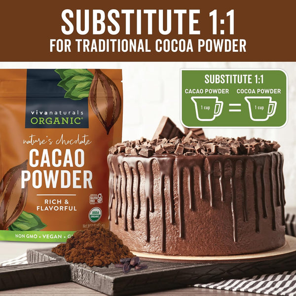 Organic Unsweetened Cacao Powder 1 lb (454 g) Rich Dark Chocolate Flavor Vegan Keto Paleo Non-Gmo Gluten-Free