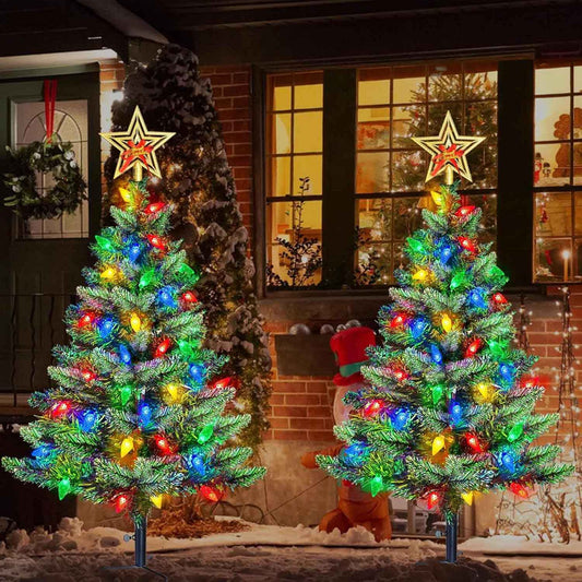 Upgraded Set of 2 Solar Christmas Tree, Outdoor Christmas Decorations,Prelit Xmas Tree w/ 100 LED Multi-color C6 String Lights for Outsdie Holiday Display Yard Front Porch Pathway Grave Cemetery Decor
